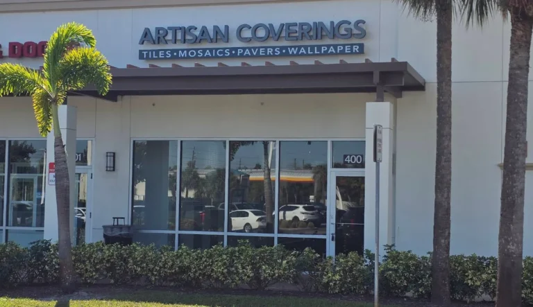 tile shop showroom in Fort Myers displaying porcelain slabs and marble tiles