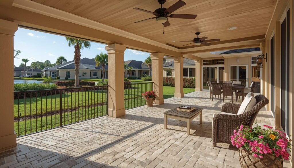Brick pavers outdoor patio tiles installed on a covered lanai in Southwest Florida