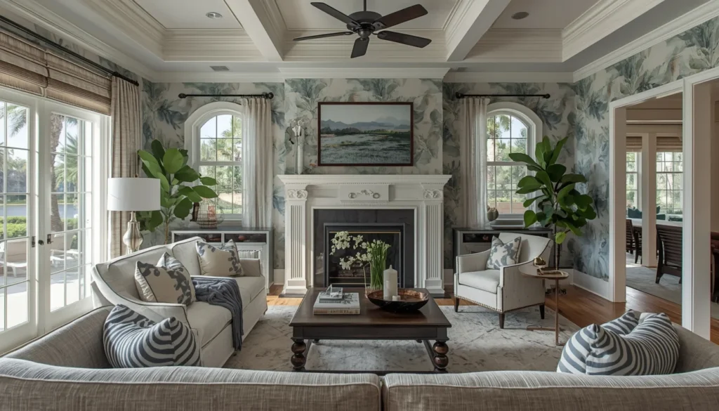 coastal botanical wallpaper in Bonita Springs living room