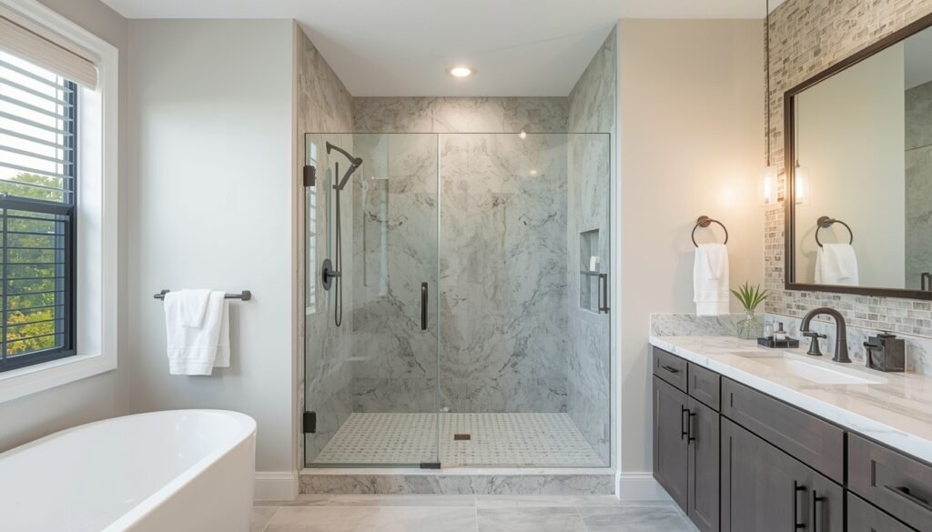 full height porcelain slab shower walls minimal grout lines Florida home