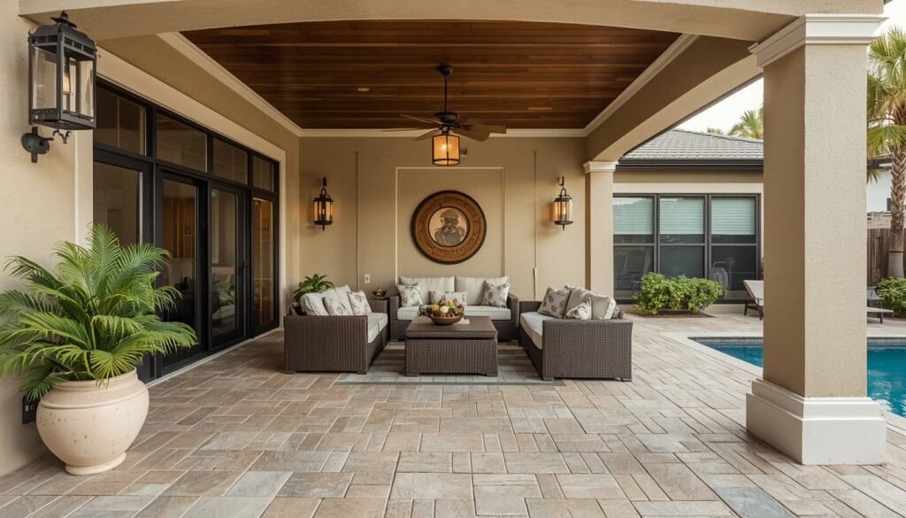 outdoor patio tiles installed on a covered lanai in Southwest Florida