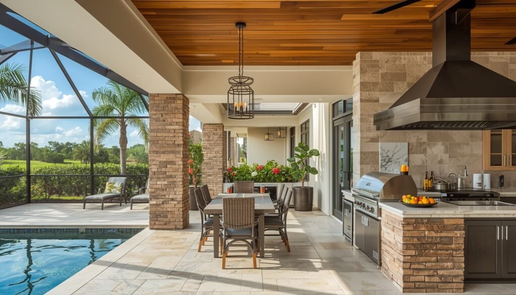 Outdoor kitchen clad in porcelain slabs in Southwest Florida lanai