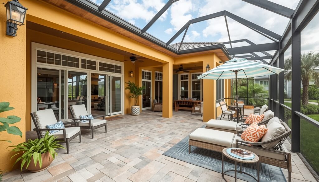 outdoor lanai using porcelain patio tiles in Southwest Florida home