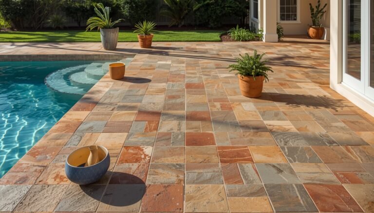 Porcelain patio tiles used on a modern Florida pool deck