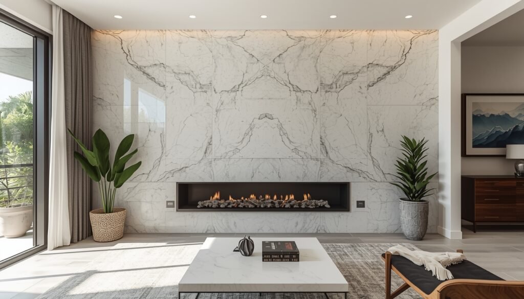 Large format porcelain slab wall installation in modern Fort Myers home