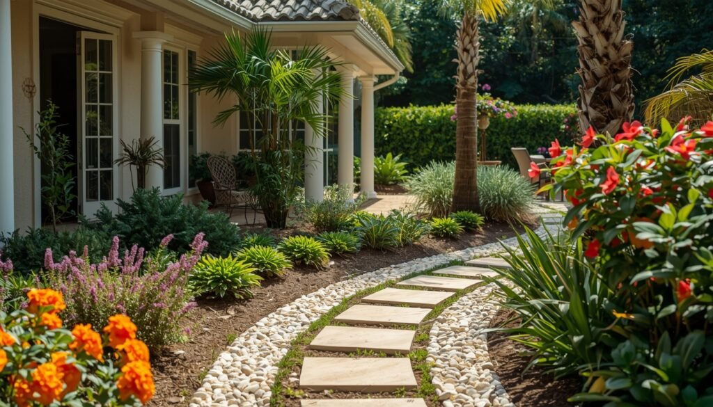 Shell stone pavers garden pathway coastal Florida home