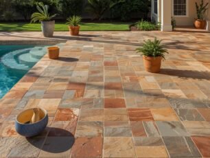 Porcelain patio tiles used on a modern Florida pool deck