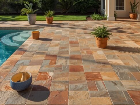 Porcelain patio tiles used on a modern Florida pool deck